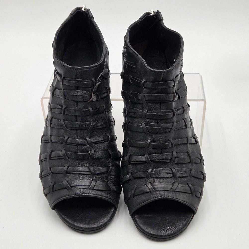 Ron White Womens 41 US 10 April Ribbon Weave Leather Peep Toe Sandals Black - Picture 2 of 7